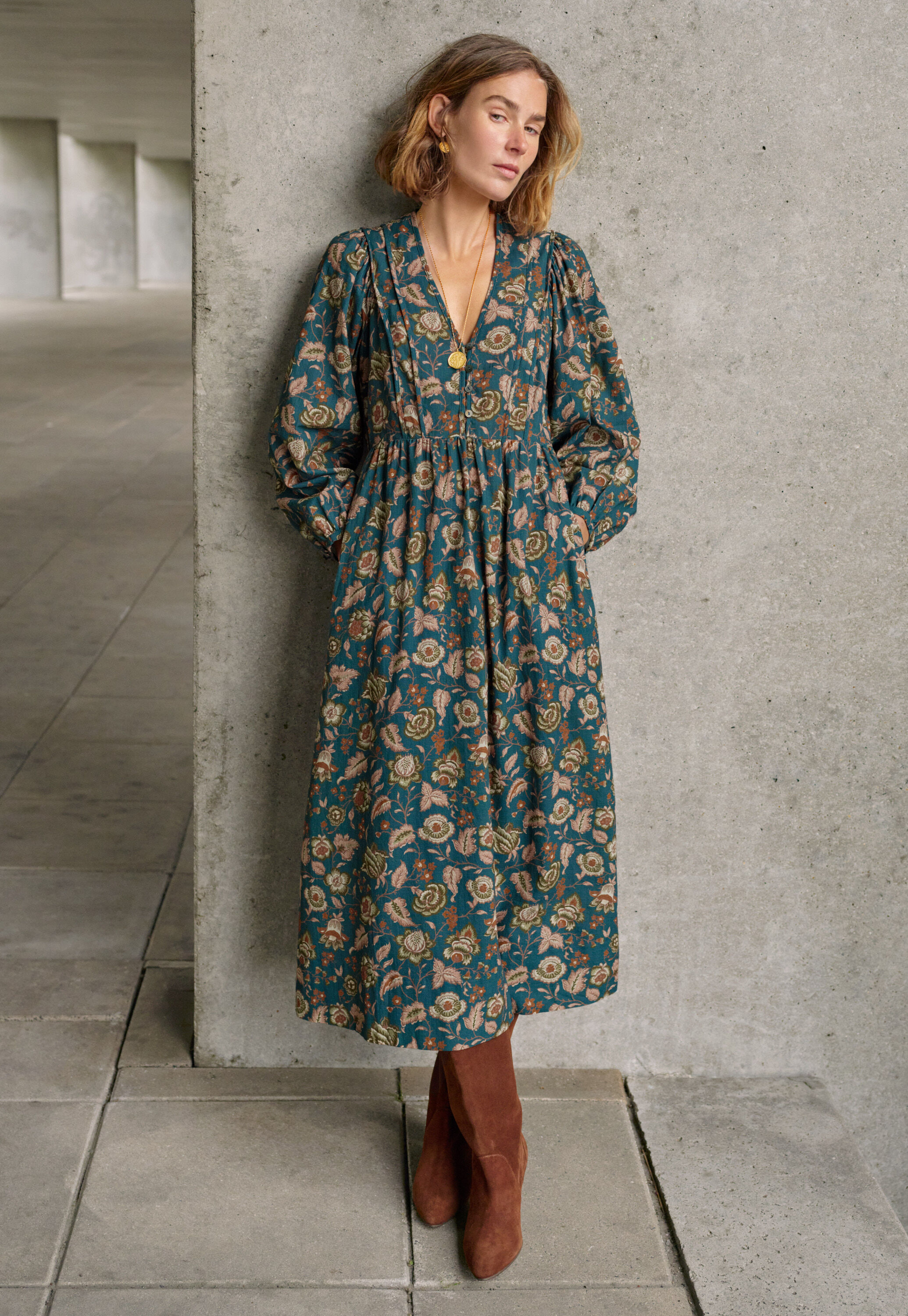 Print-Kleid, Petrol/Rost, large