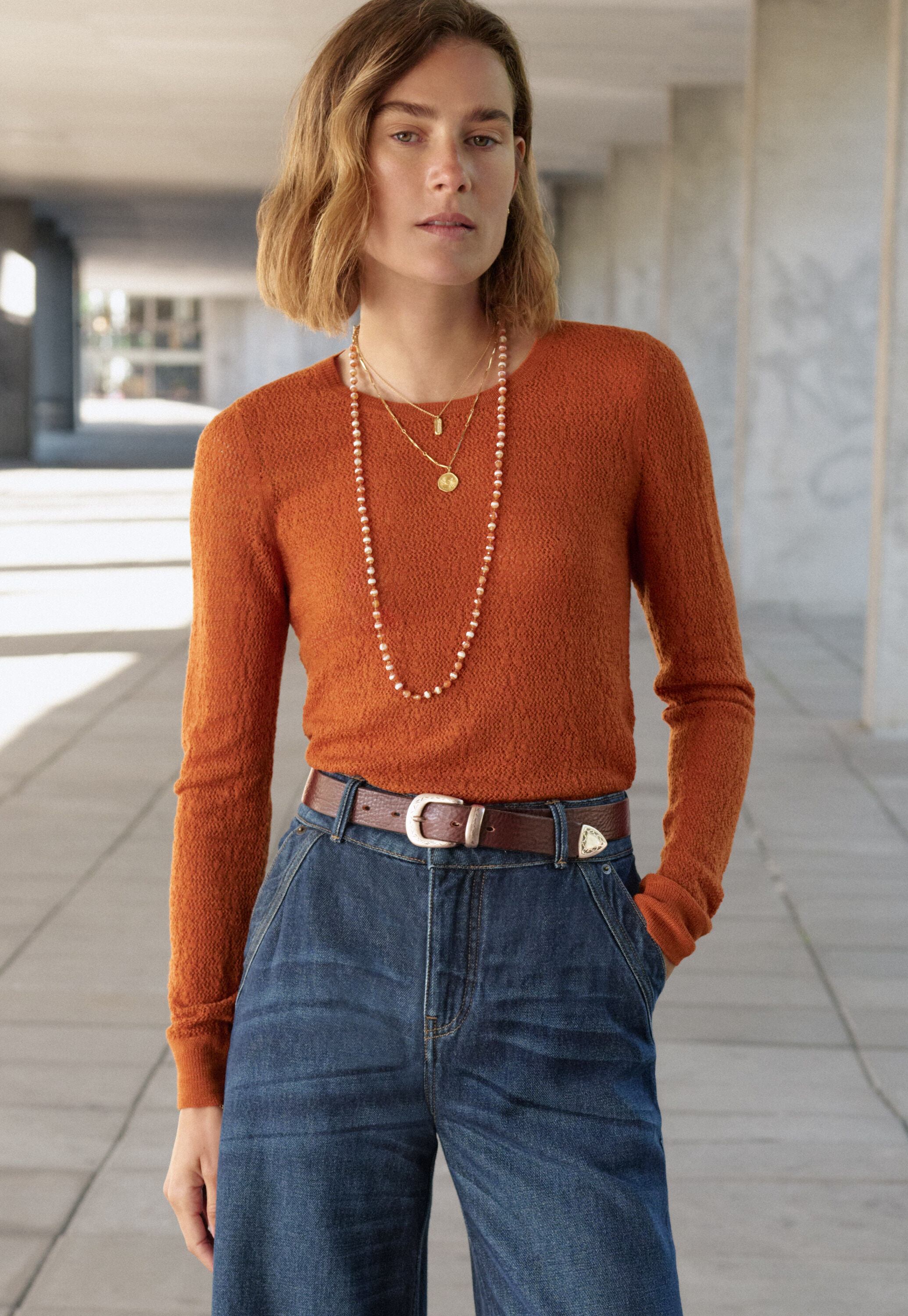 Pullover im Spitzenmuster, Flammendes Orange, large