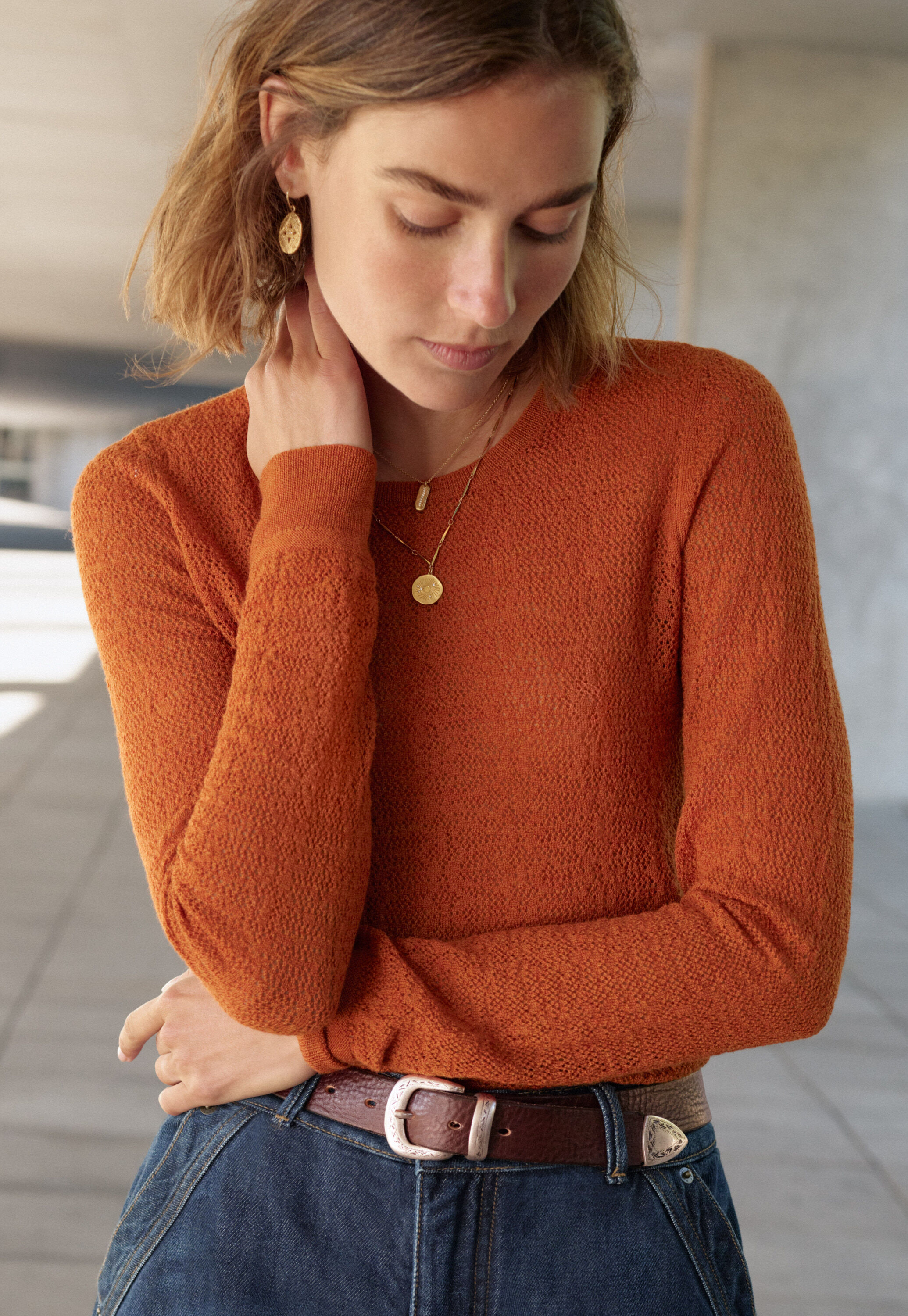 Pullover im Spitzenmuster, Flammendes Orange, large