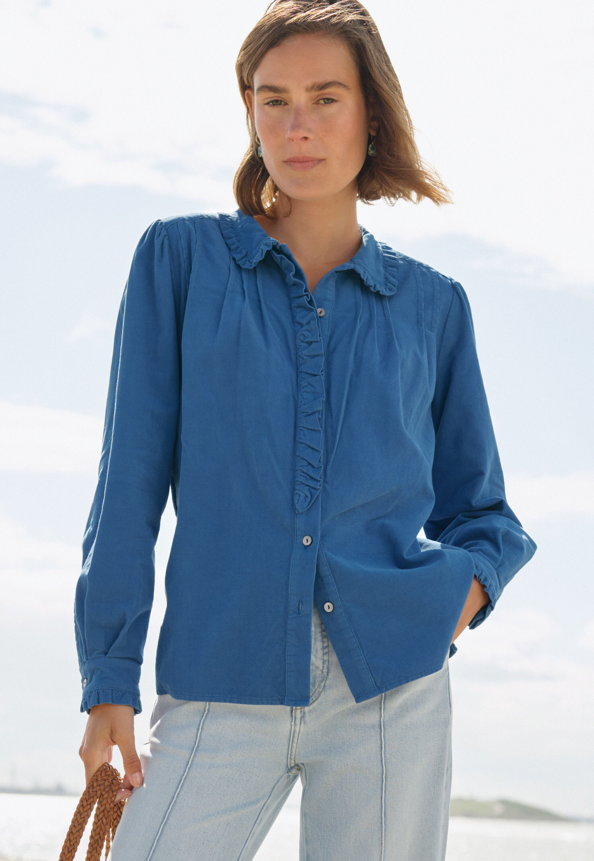 Faltenbluse aus Cord, Kobalt, large
