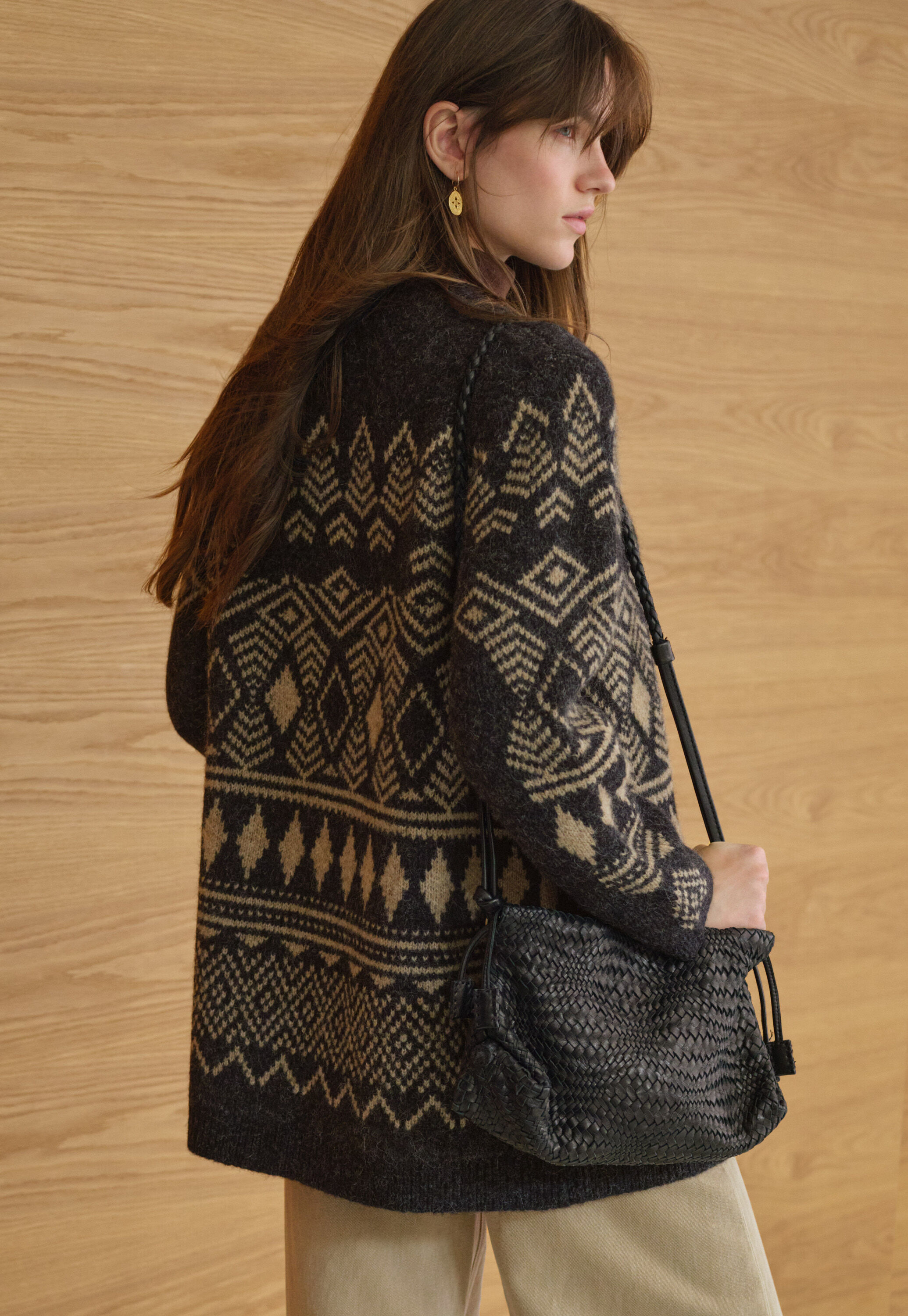 Langer Jacquard-Cardigan, Kohlschwarz/Sand, large
