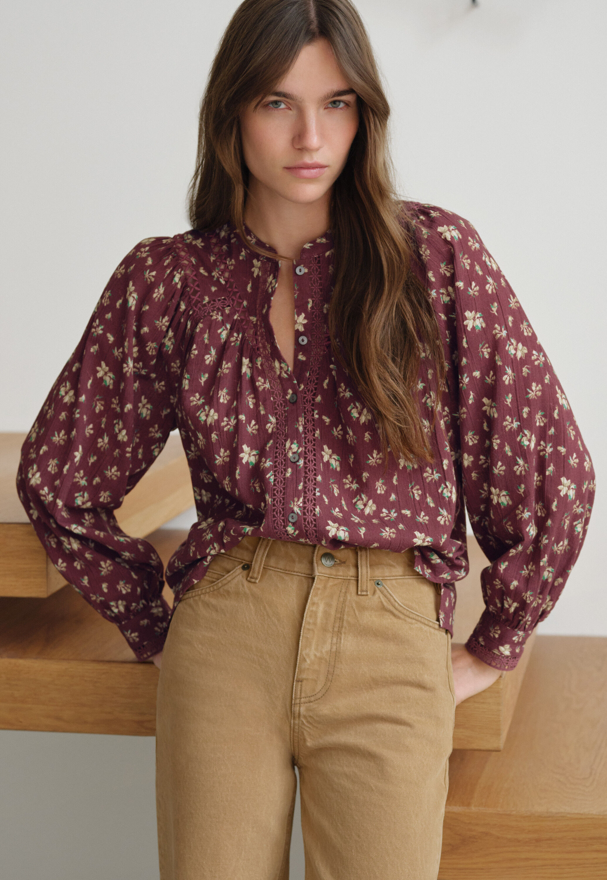 Gaze-Bluse mit Print, Wein, large