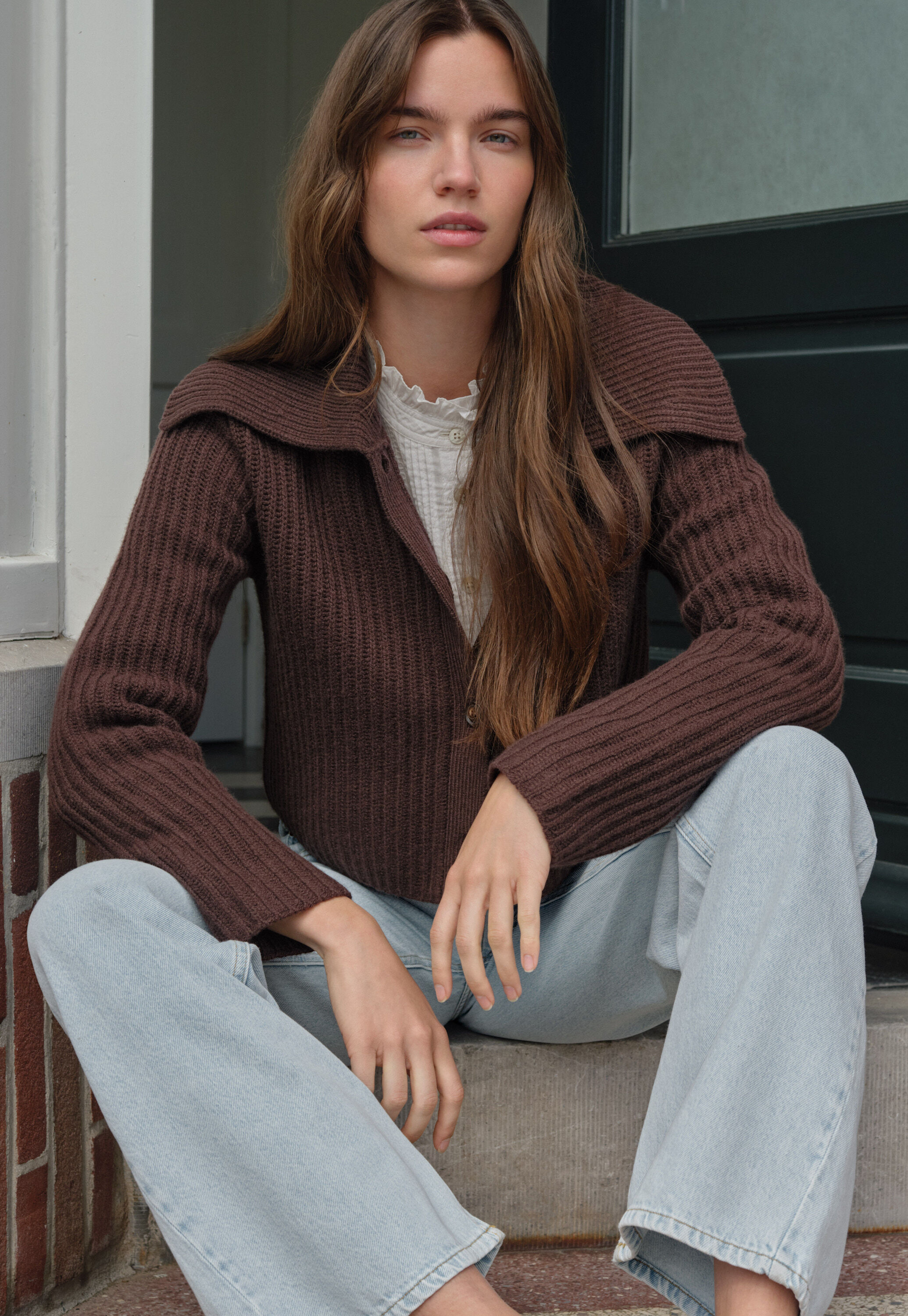 Ripp-Cardigan mit Kragen, Dunkle Schokolade, large