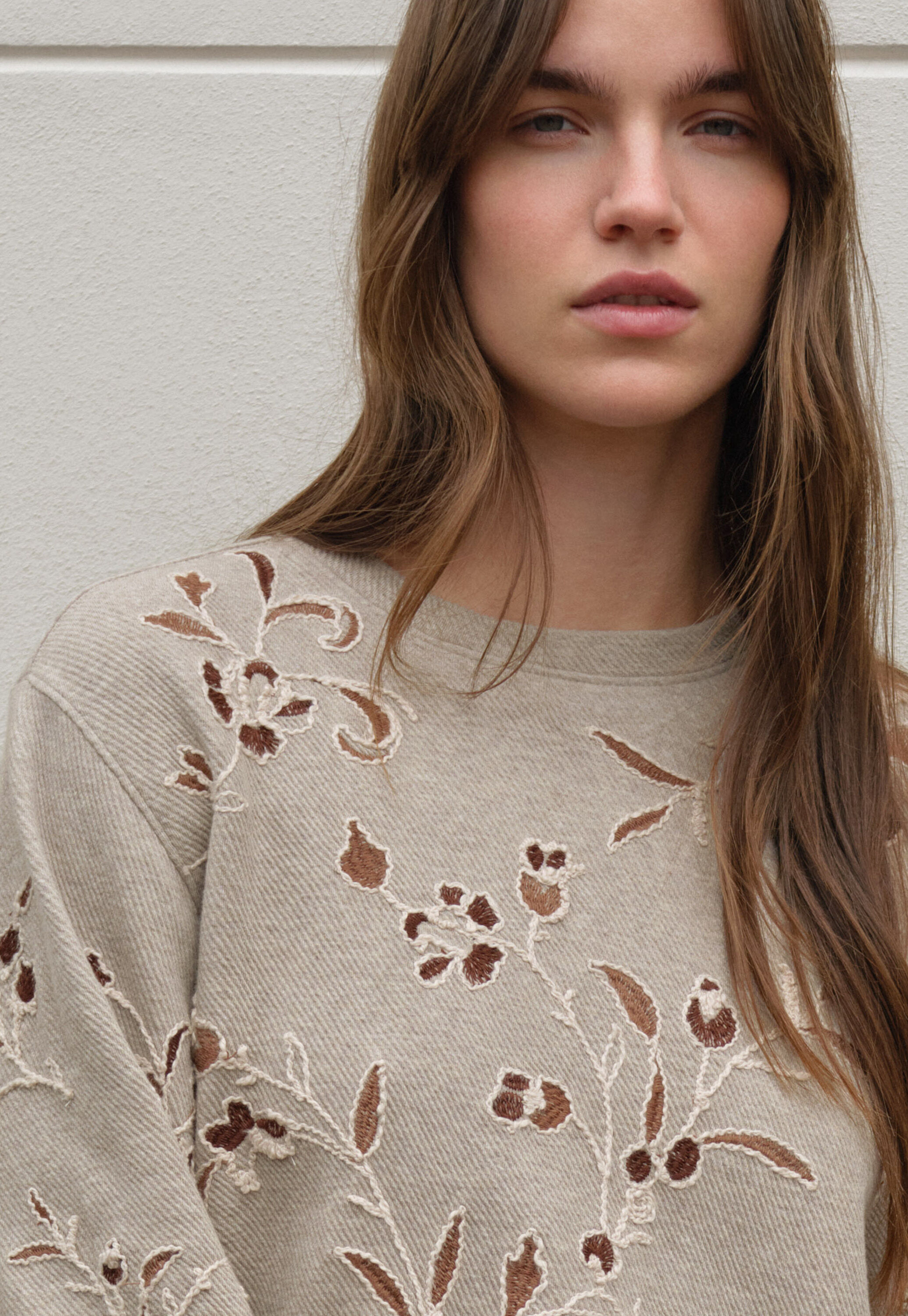Besticktes Jersey-Oberteil, Helles Taupe, large