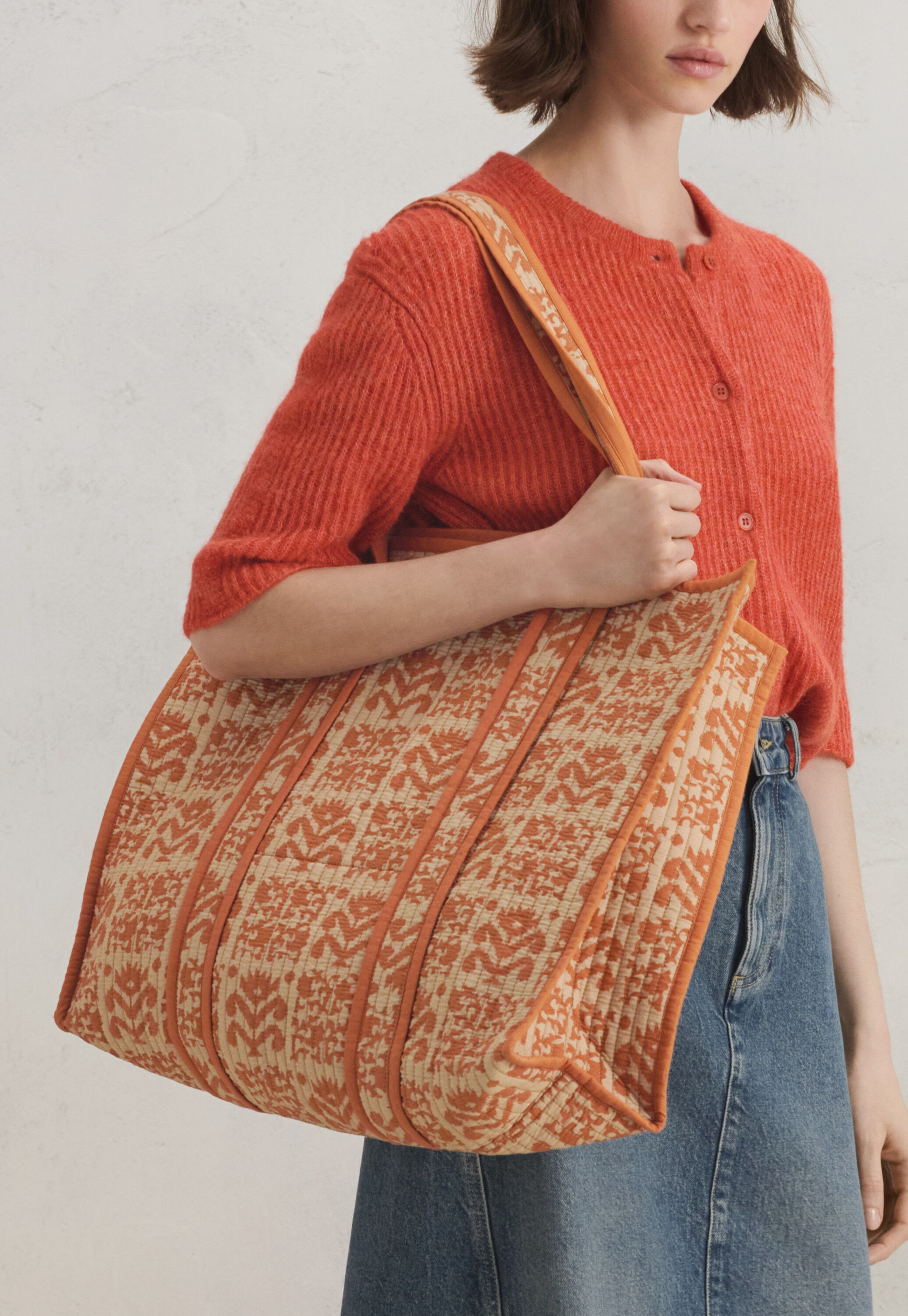 Bedruckte Stepptasche, Orange/Lohbraun, large