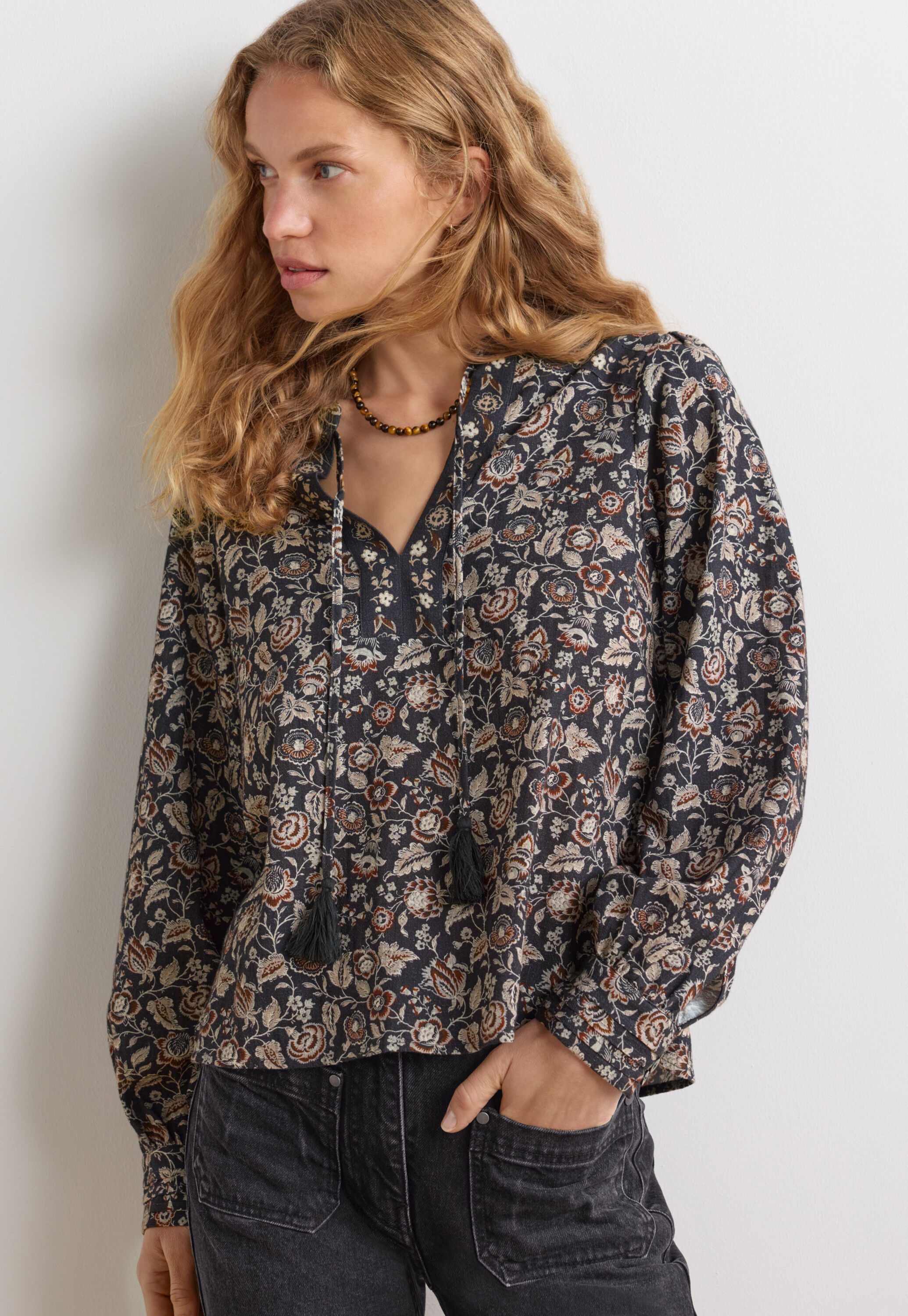Bedruckte Bluse, Kohlschwarz/Mint, large