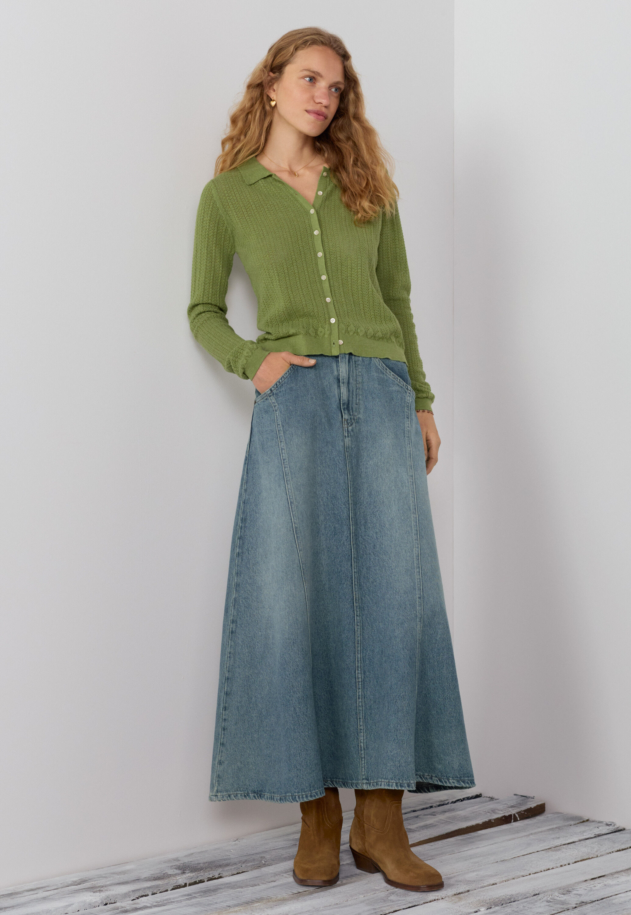 Spitzenmuster-Cardigan mit Kragen, Blattgr&uuml;n, large