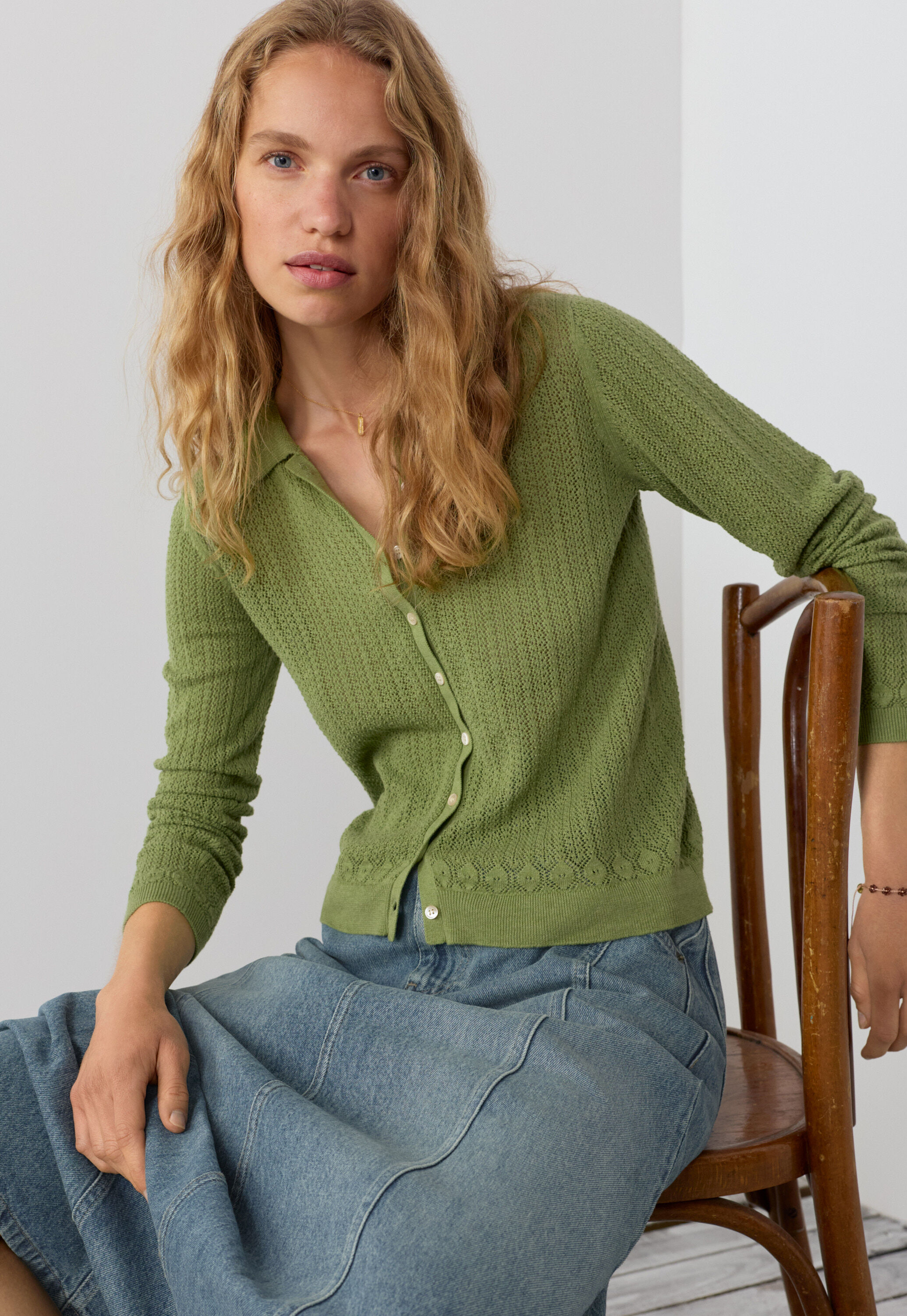 Spitzenmuster-Cardigan mit Kragen, Blattgr&uuml;n, large