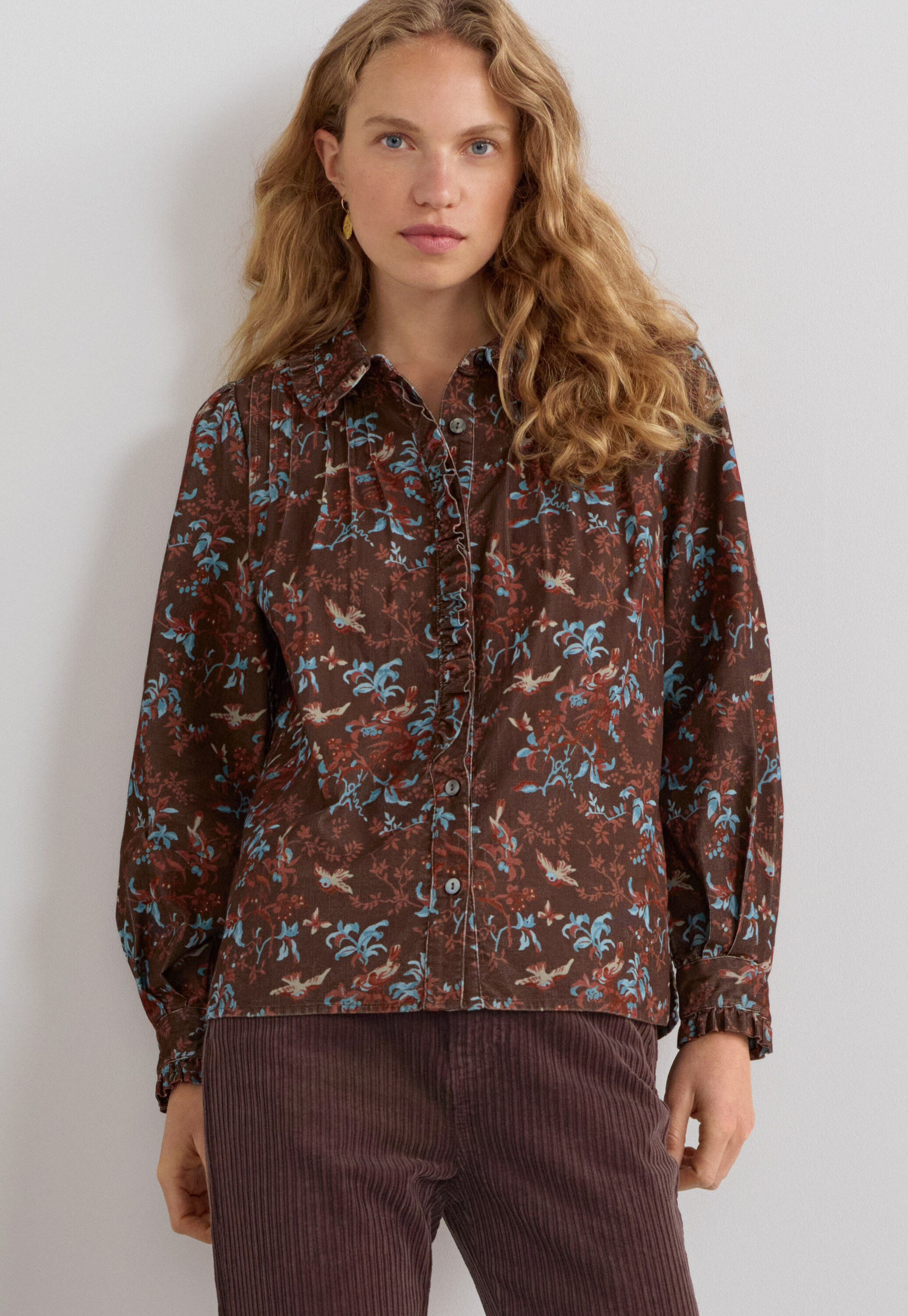 Bedruckte Faltenbluse, Himbeere/Espresso, large