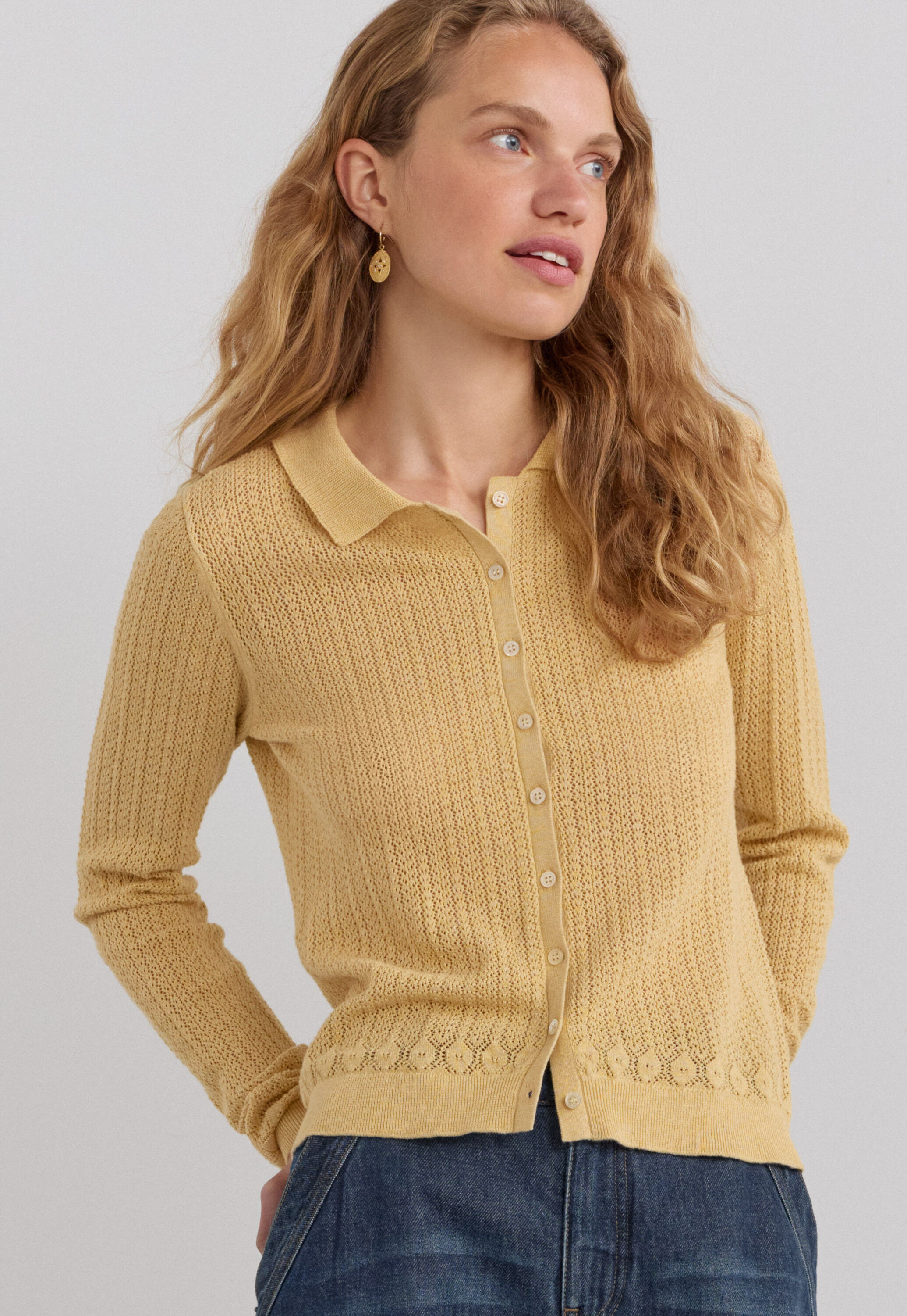 Spitzenmuster-Cardigan mit Kragen, Buttergelb, large