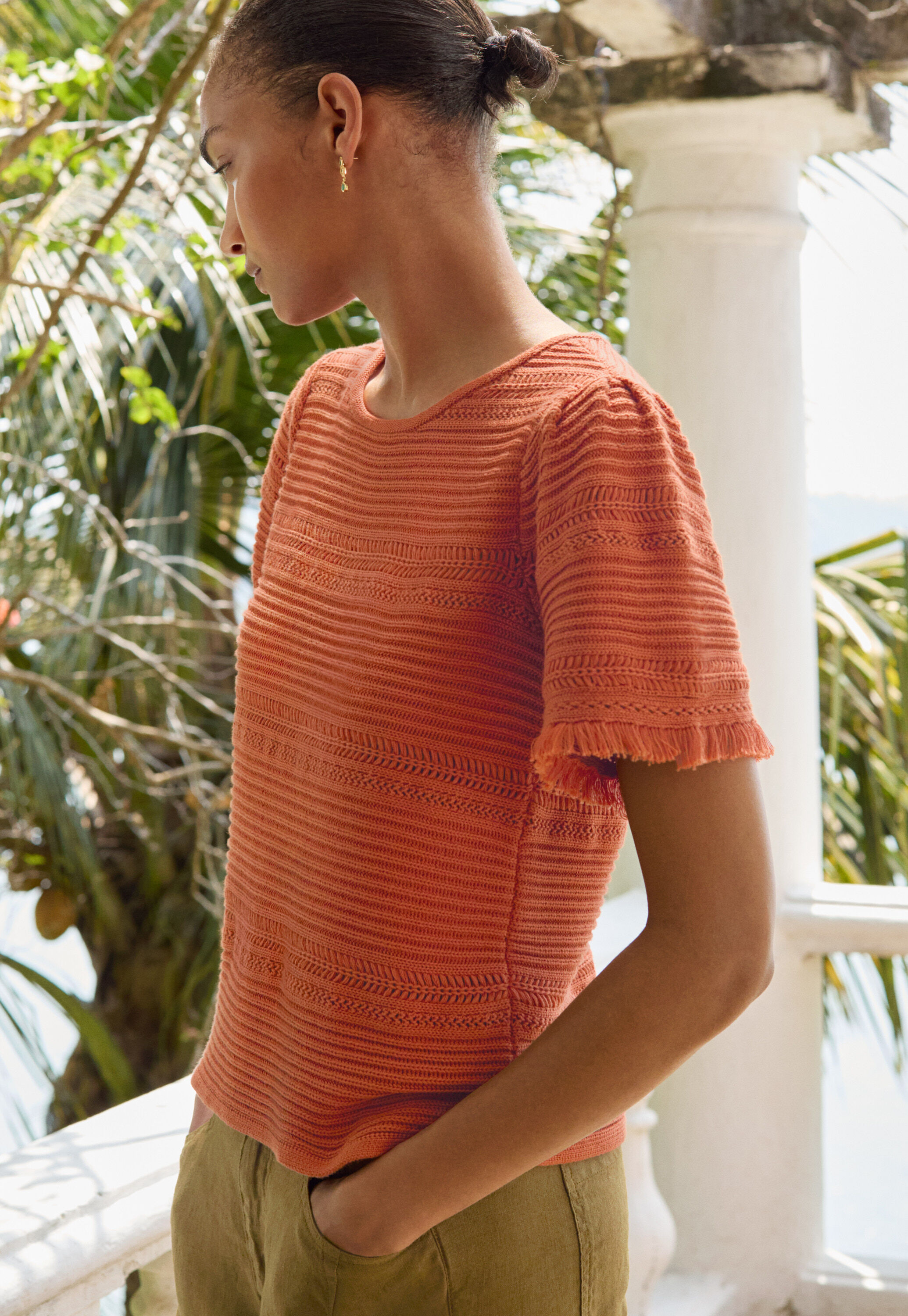 Rippenstrickpullover mit Fransen, Gebranntes Orange, large