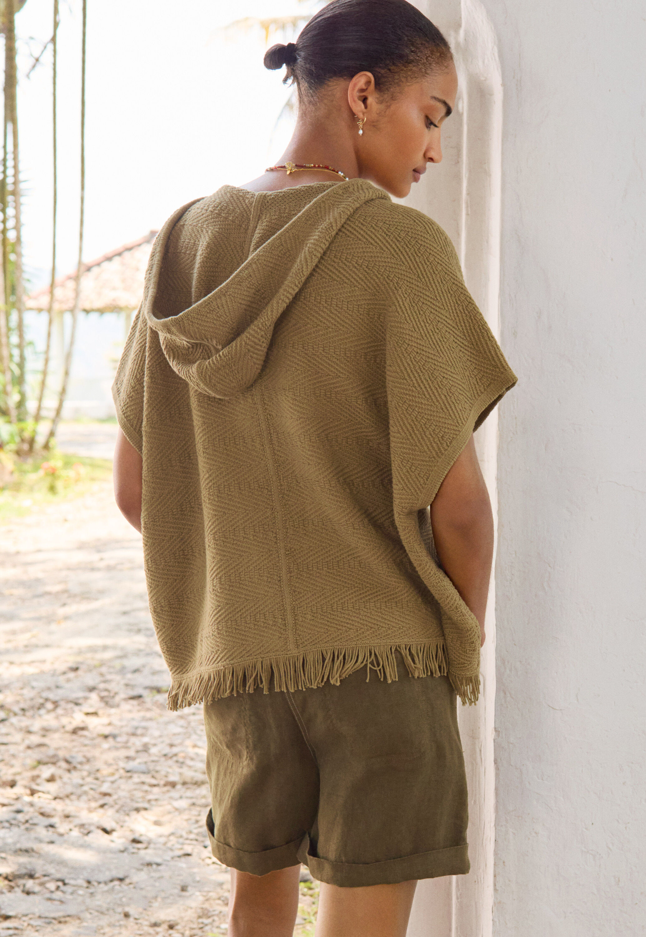 Fischgr&auml;t-Kapuzenponcho, Khaki, large