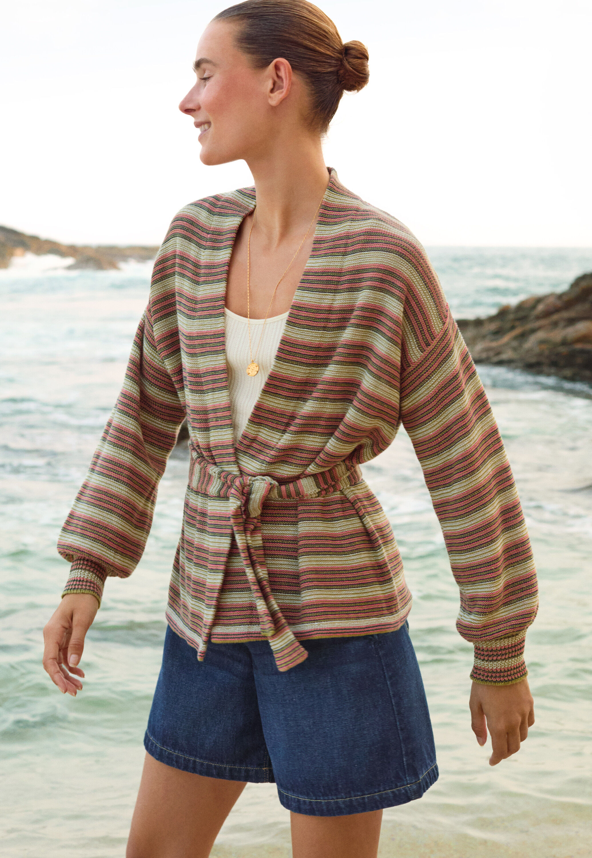 Gestreifter Cardigan, Oliv/Ros&eacute;, large