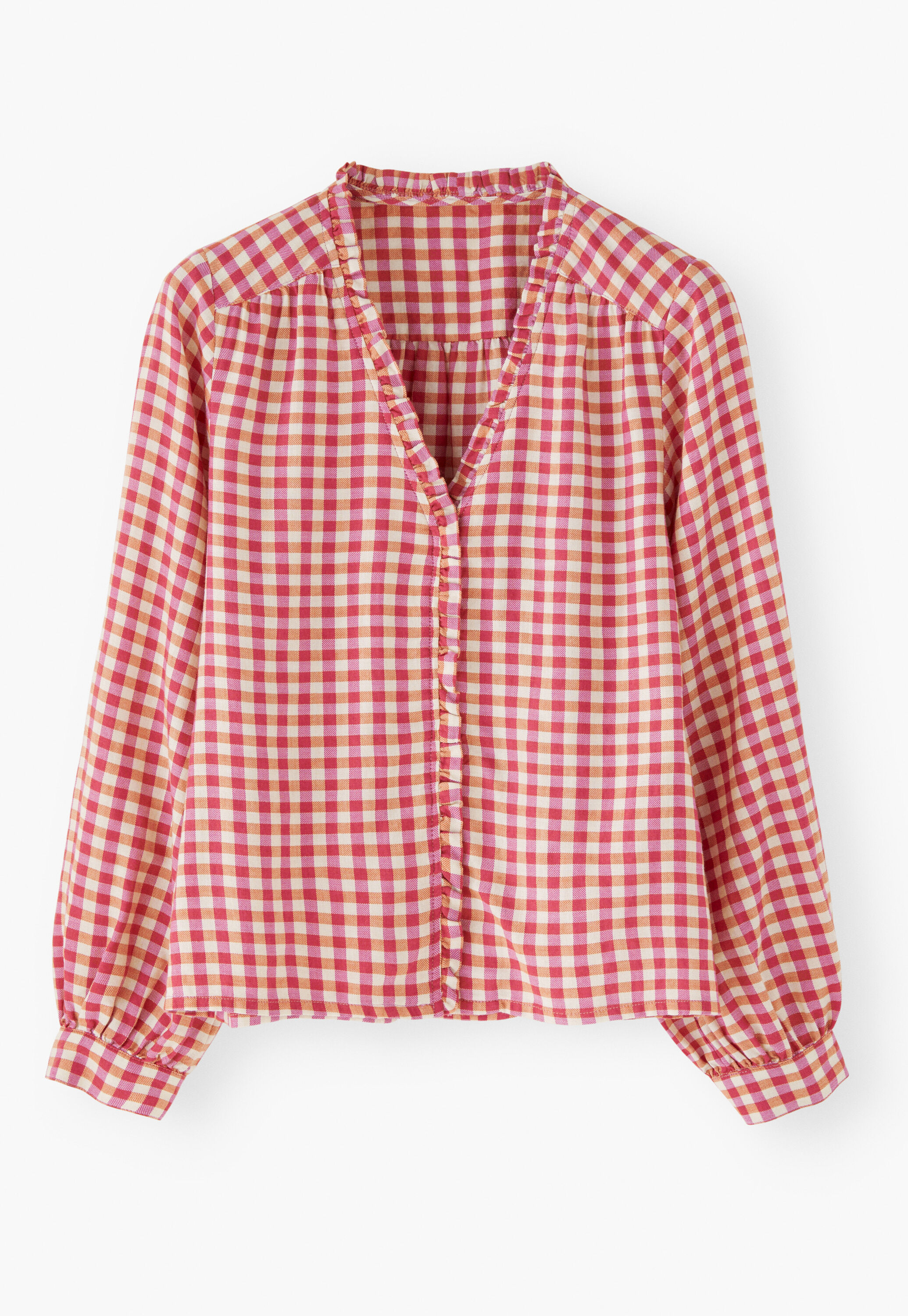 Vichy-Karo-Bluse mit R&uuml;schen, Beere/Orange, large