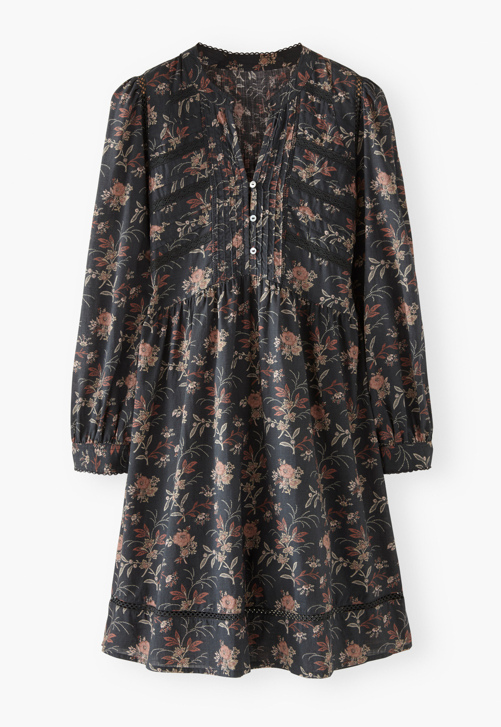 Kleid mit Print und Spitze, Kohlschwarz, large