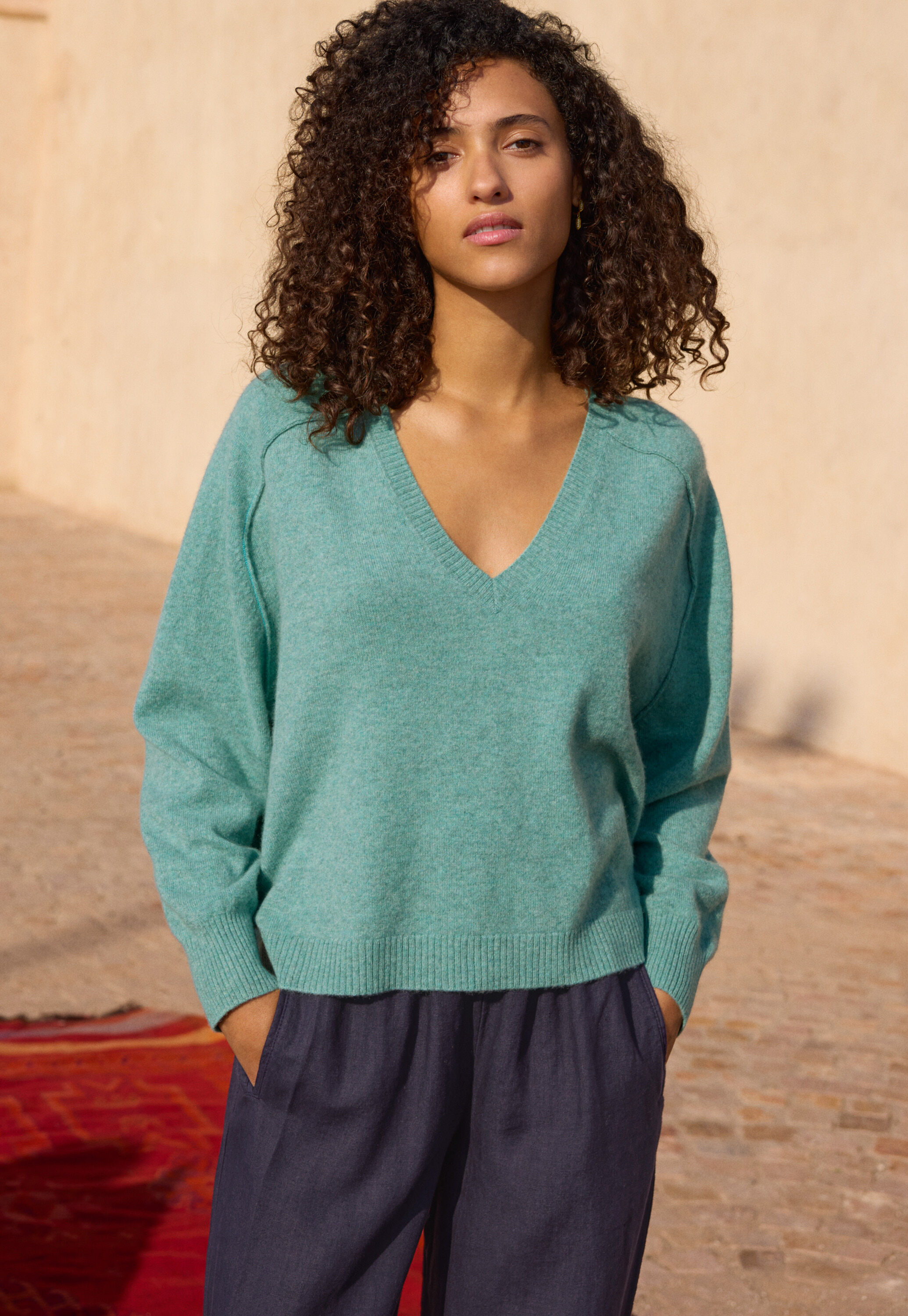 Pullover mit V-Ausschnitt, Aquamarin/Meerschaum, large