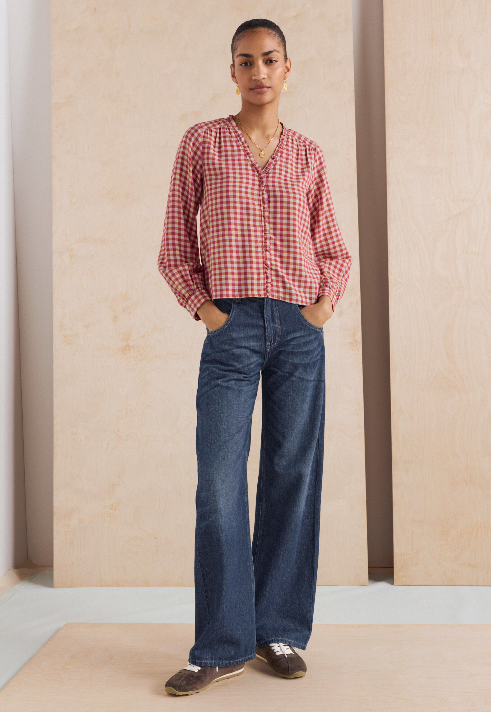 Vichy-Karo-Bluse mit R&uuml;schen