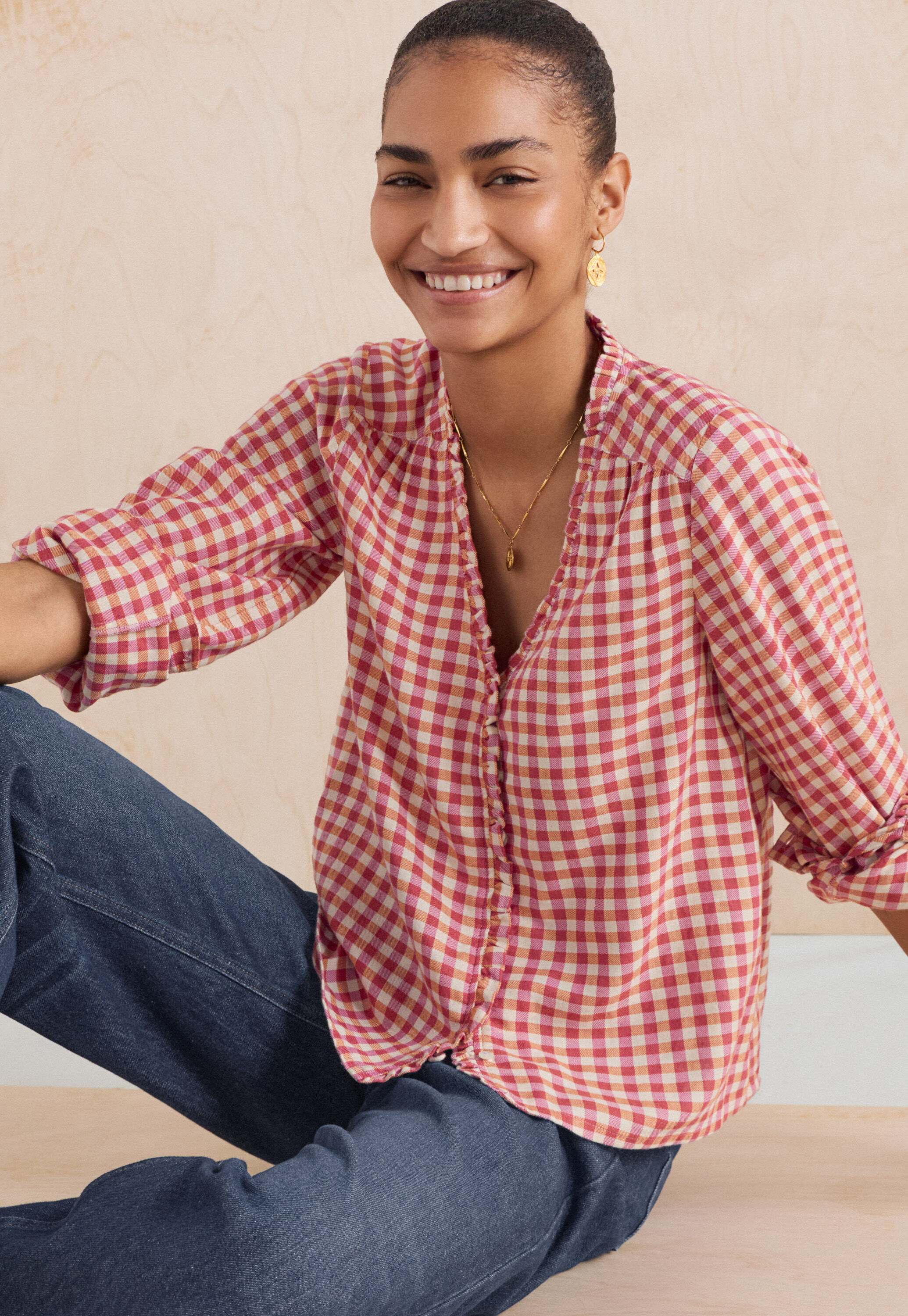 Vichy-Karo-Bluse mit R&uuml;schen