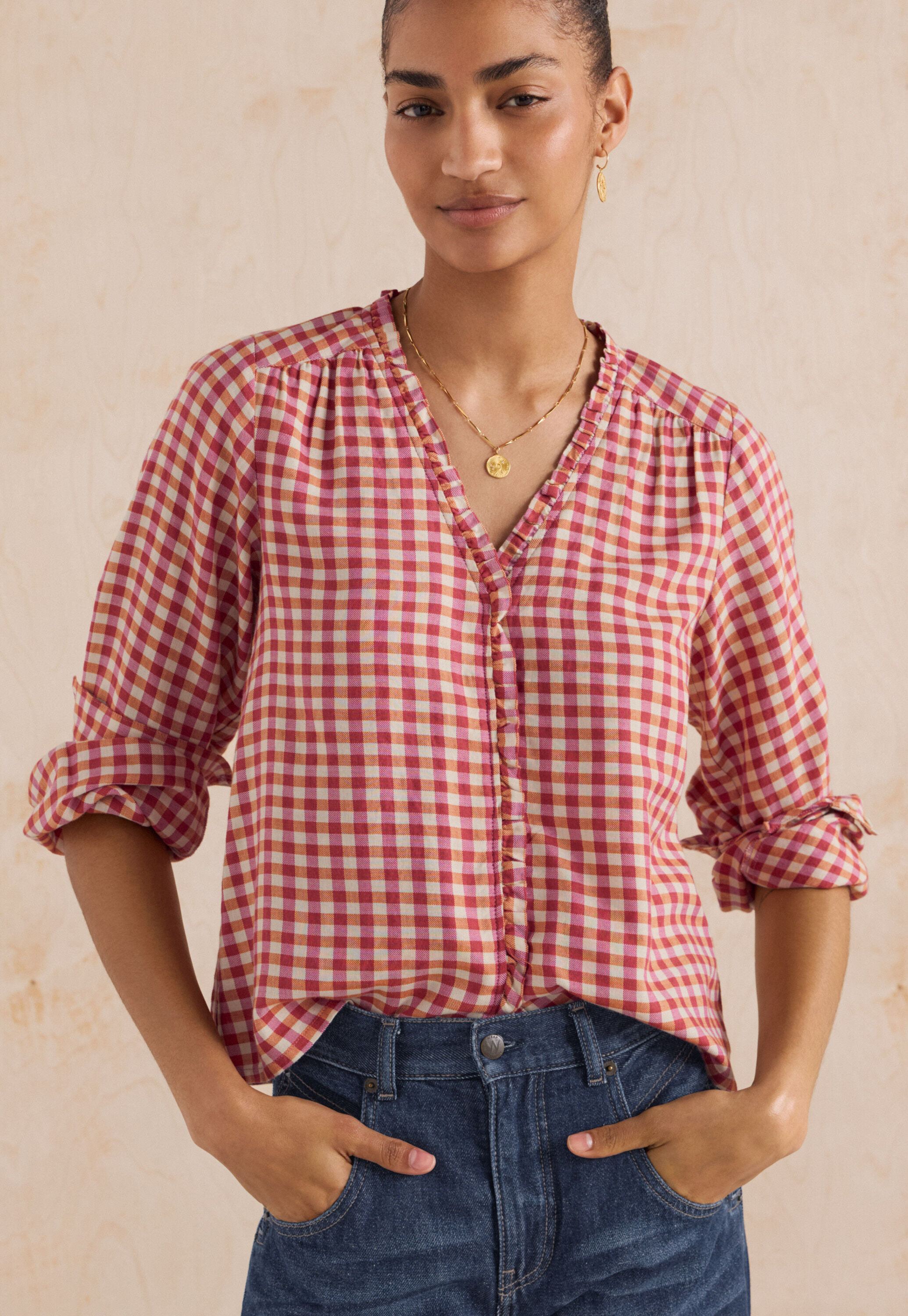 Vichy-Karo-Bluse mit R&uuml;schen