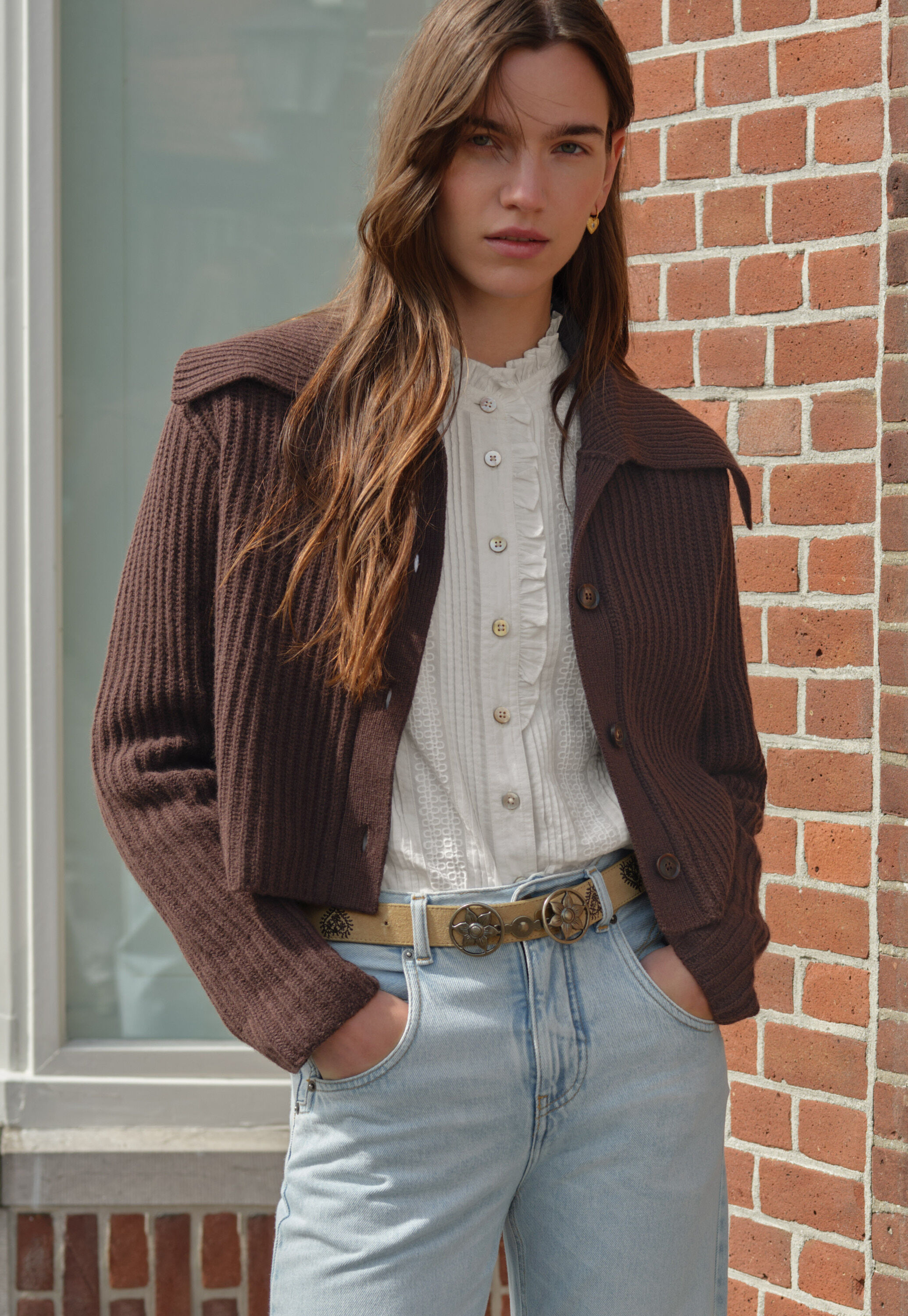 Ripp-Cardigan mit Kragen, Dunkle Schokolade, large