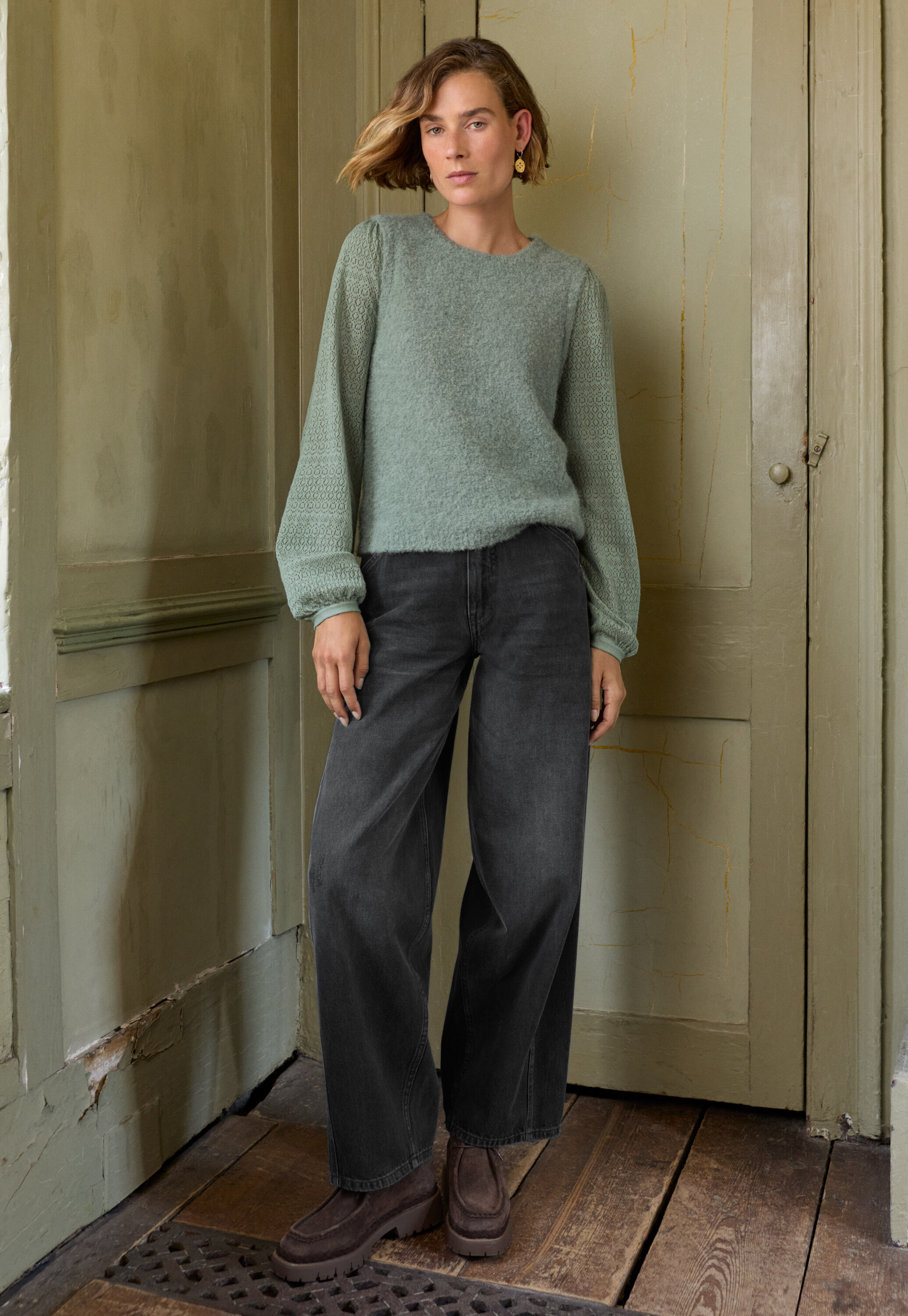 Pullover mit Pointelle-&Auml;rmeln, Entenei, large