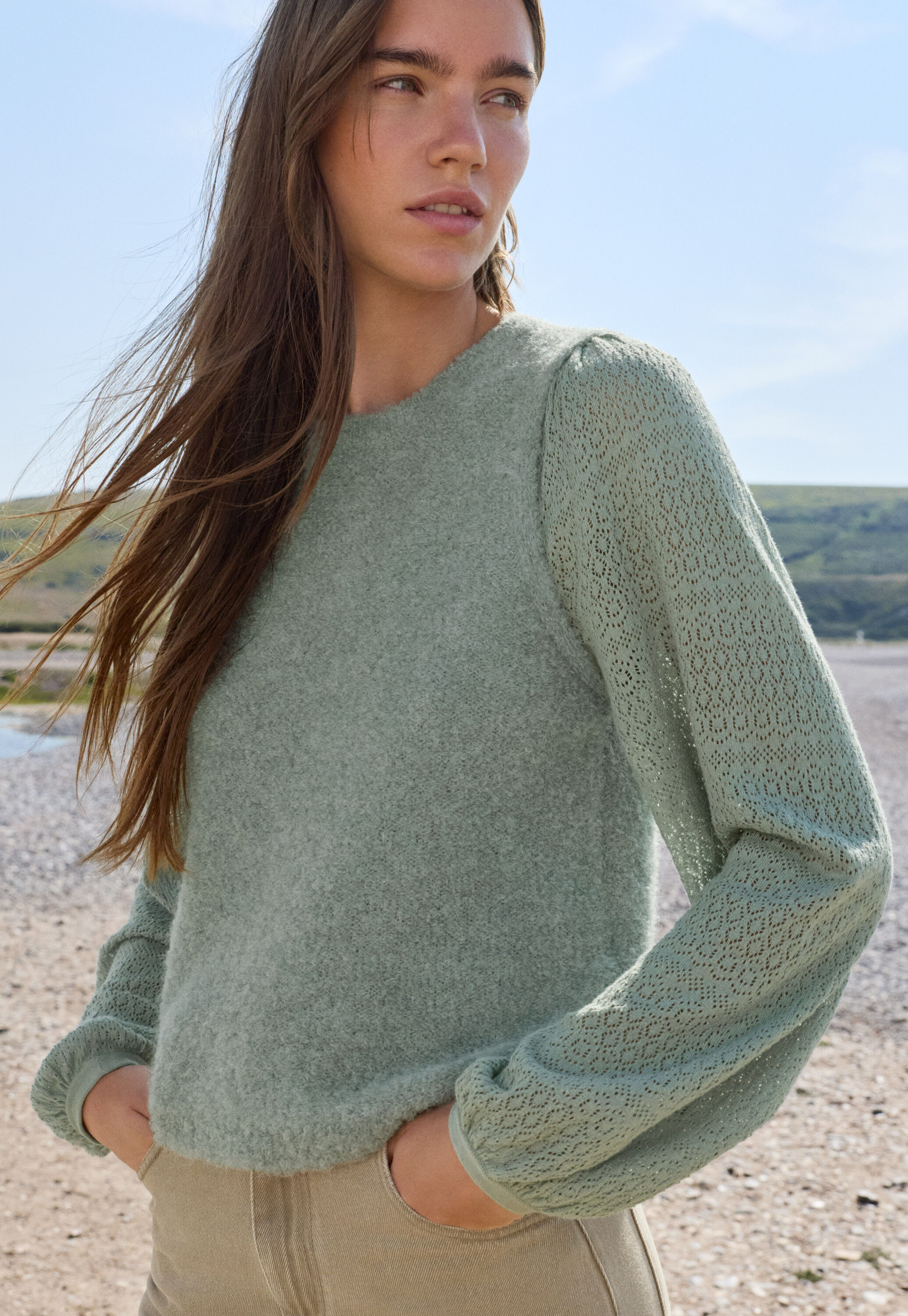 Pullover mit Pointelle-&Auml;rmeln, Entenei, large
