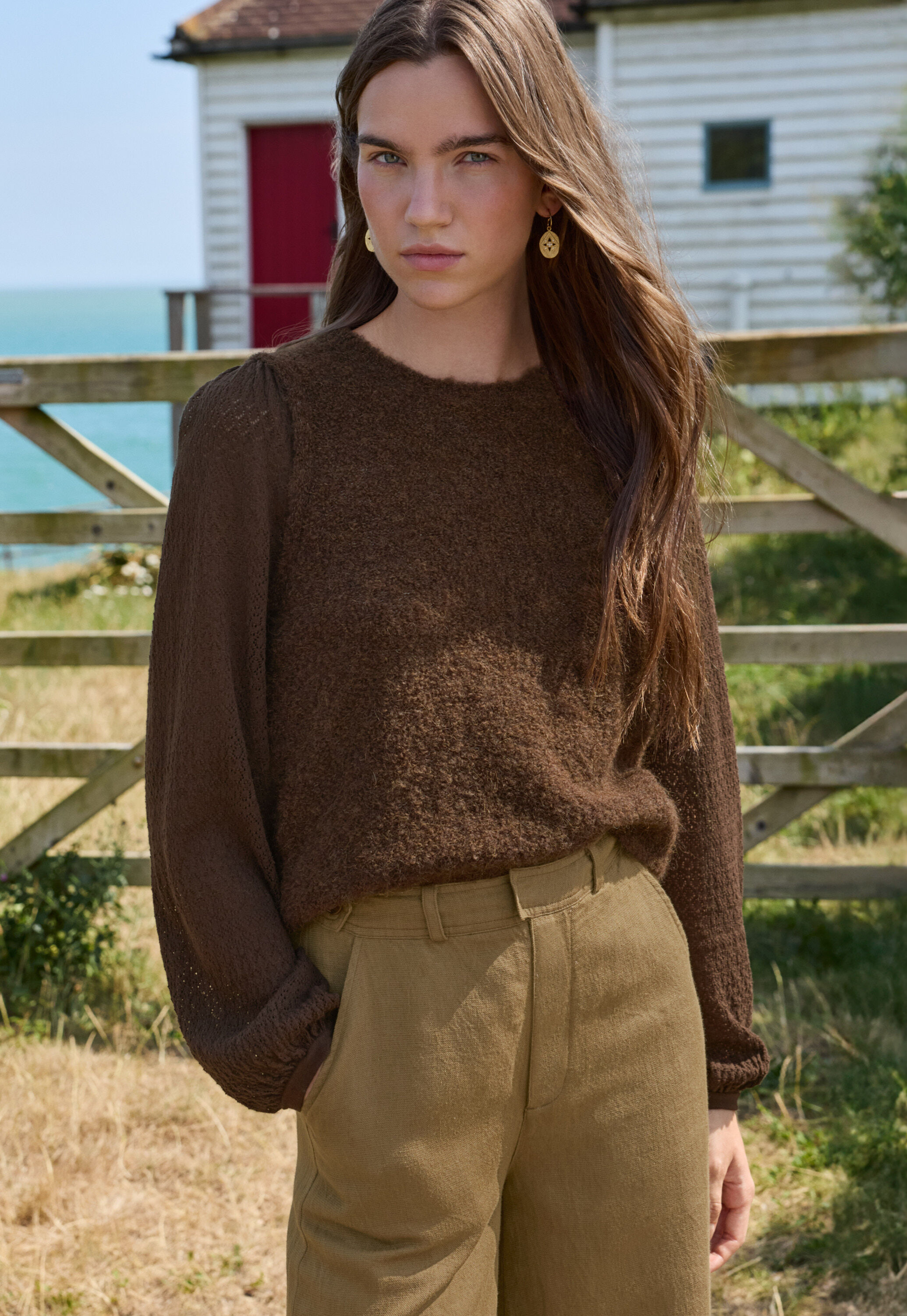 Pullover mit Pointelle-&Auml;rmeln, Dunkle Schokolade, large
