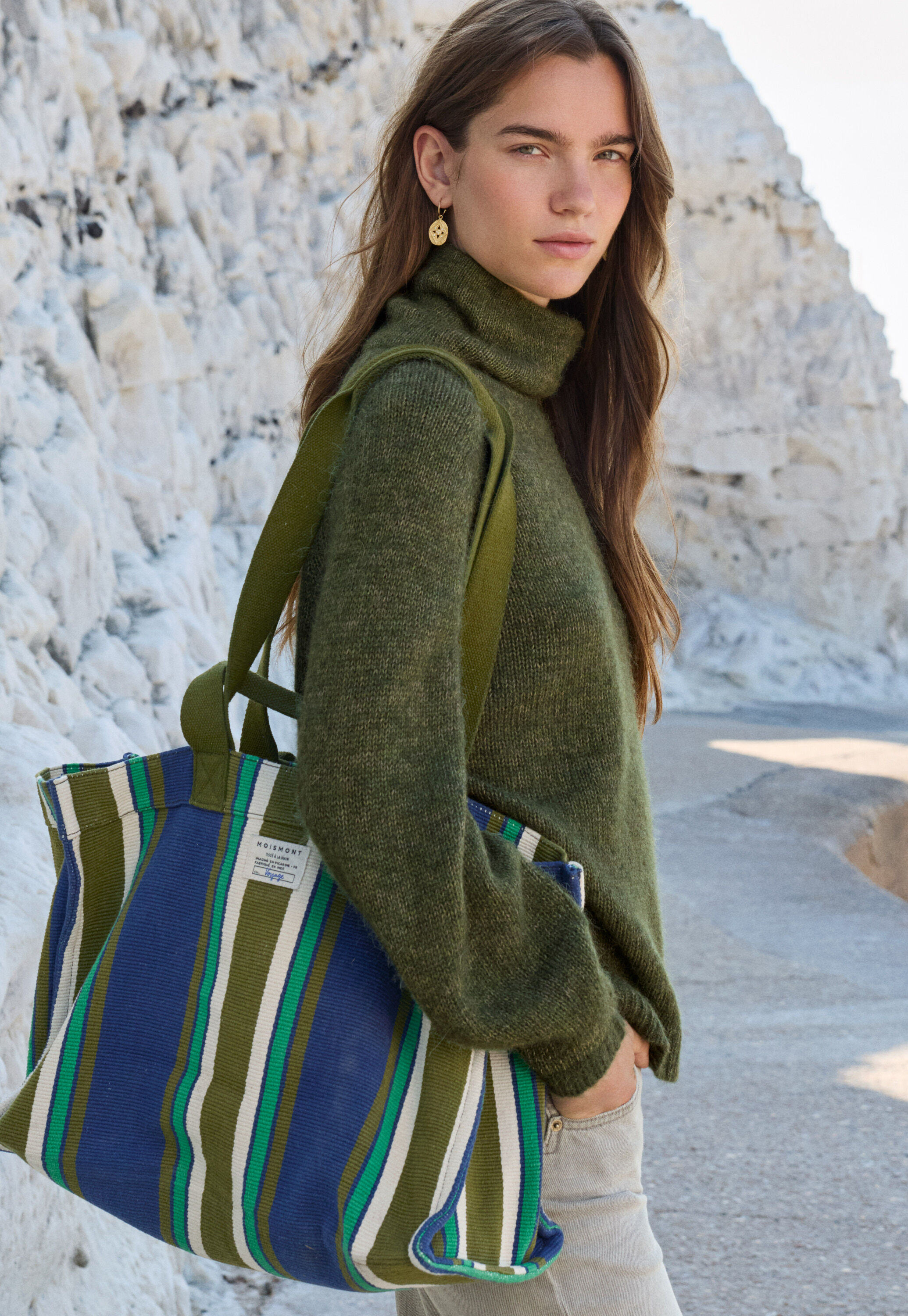 Gro&szlig;e gestreifte Tasche, Oliv/Blau, large