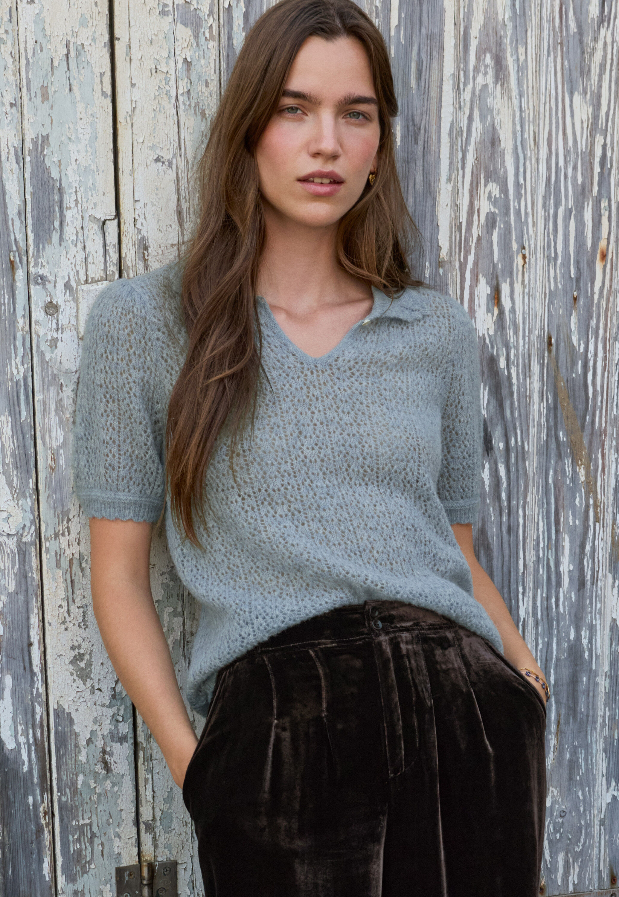 Pullover mit Spitzenmuster, Kreideblau, large