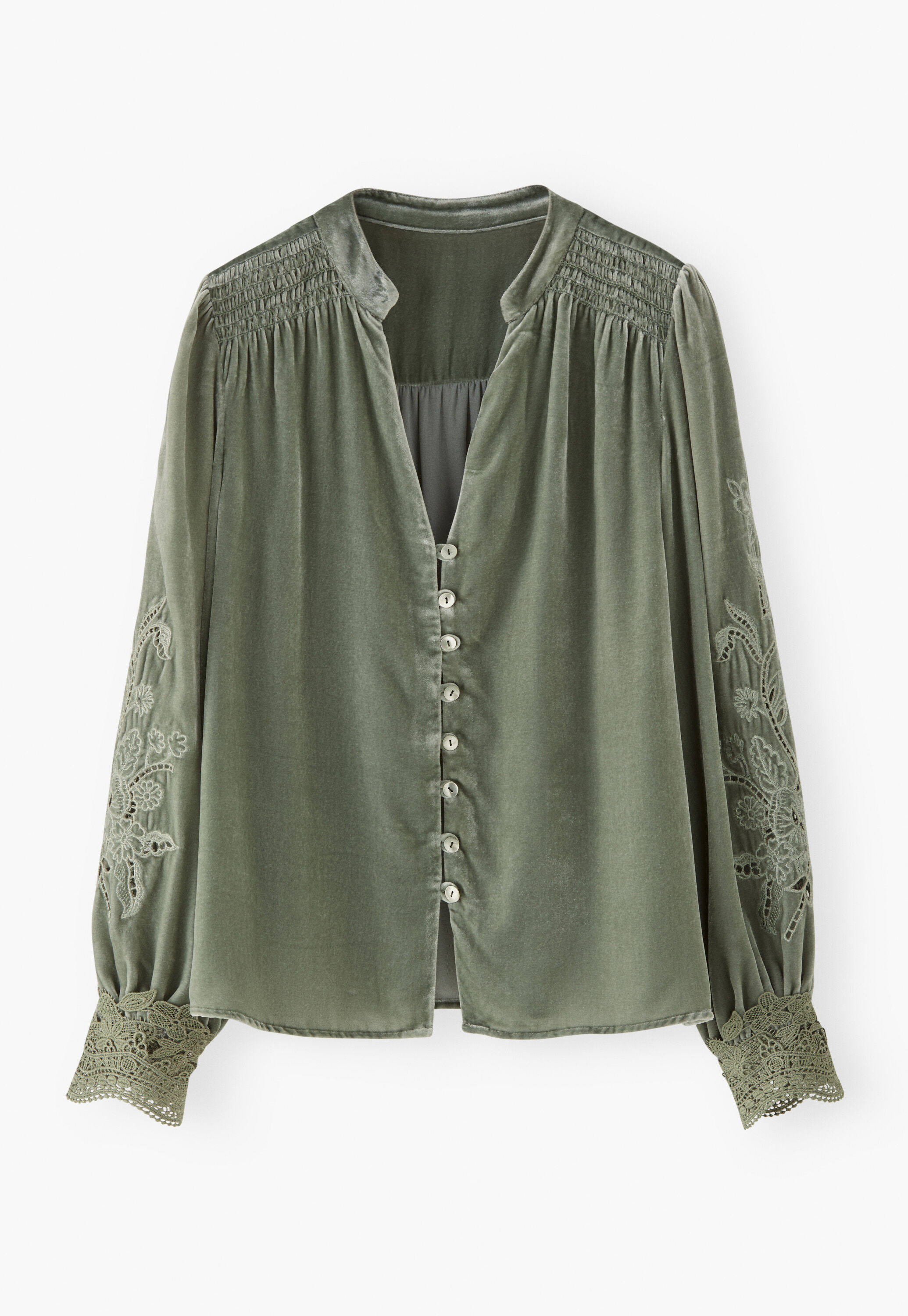 Samtbluse mit Cutwork, Meeresgr&uuml;n, large