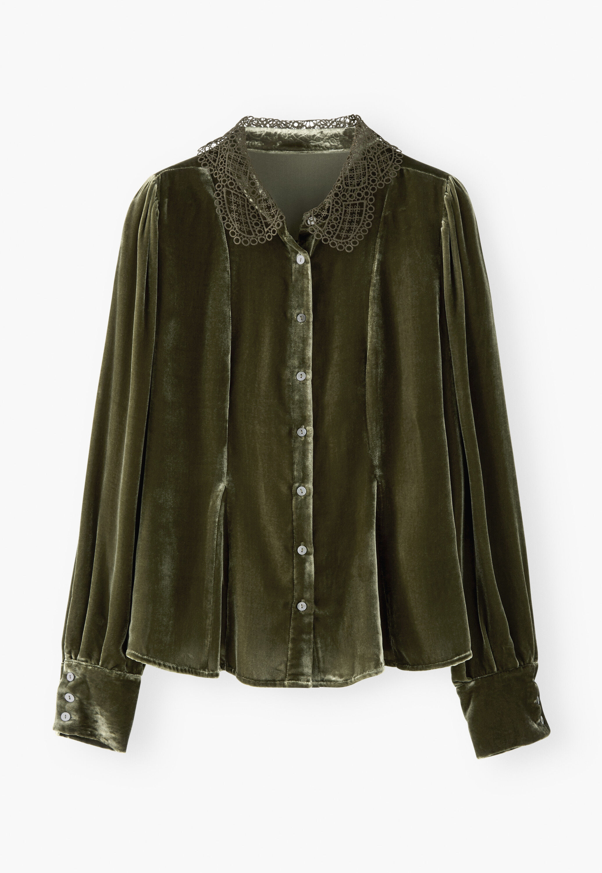 Godet-Bluse aus Samt, Moos, large