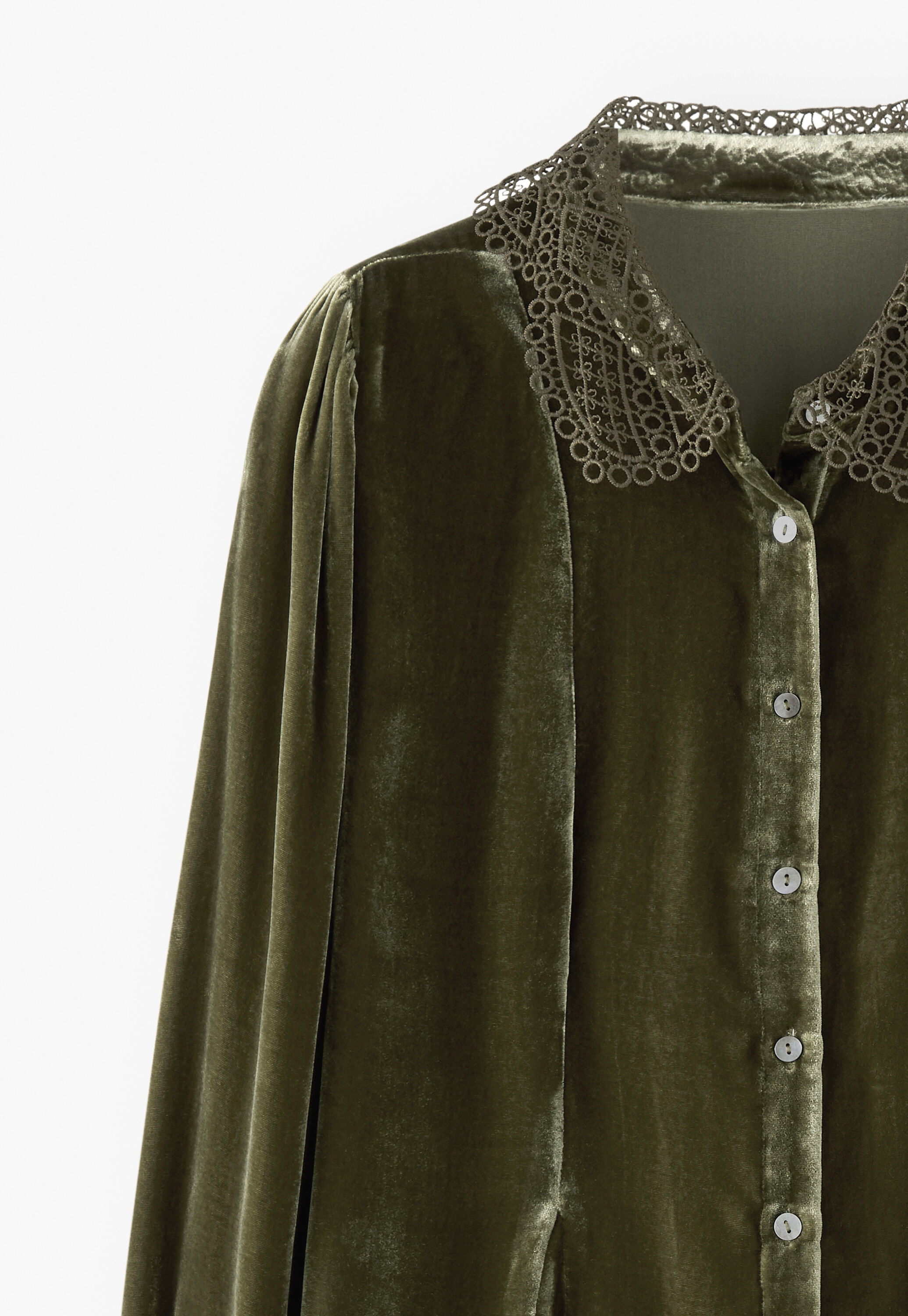 Godet-Bluse aus Samt, Moos, large