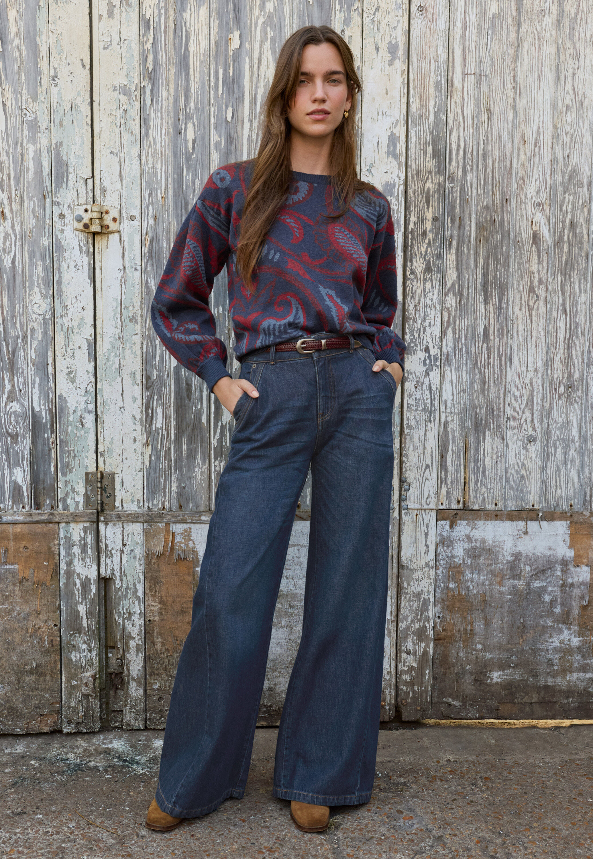 Jeans mit weitem Schlag, Dunkles Ozeanblau, large