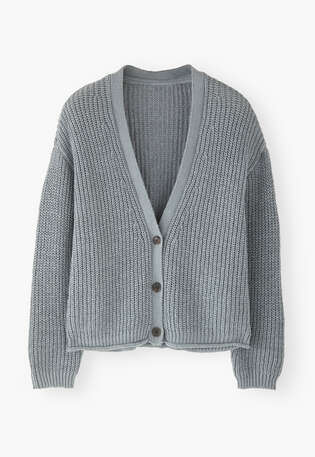 Cardigan mit V-Ausschnitt, Blaugrau, webstill