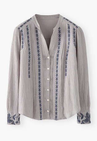 Bestickte Bluse, Warmes Grau, webstill