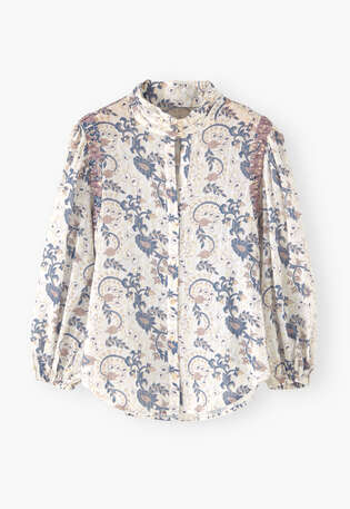 Bedruckte Bluse mit hohem Halsausschnitt, Ecru-Mauve, webstill