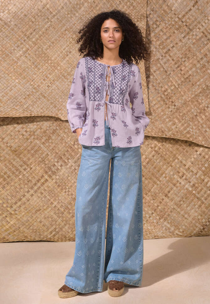 Bedruckte Bluse mit Bindeb&auml;ndern, Lavendel, completeTheLook