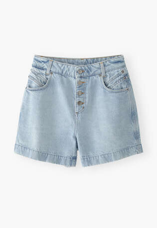 Denim-Shorts mit hoher Taille, Helle Waschung, webstill