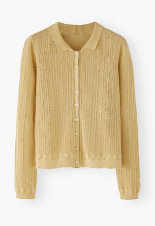 Spitzenmuster-Cardigan mit Kragen, Buttergelb, webstill