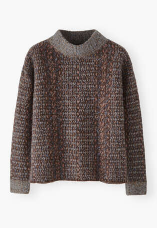Boucl&eacute;-Pullover mit Trichterkragen, Schokolade/mehrfarbig, webstill