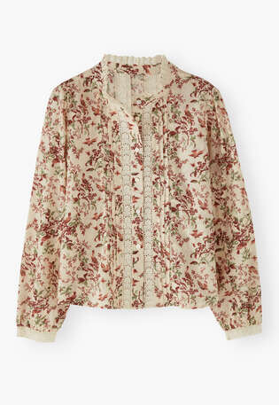 Print-Bluse mit Spitzendetail, Ecru/Burgunder, webstill