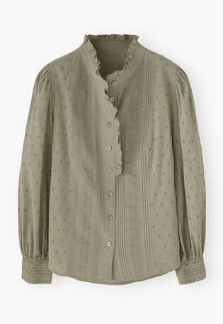 Broderie-Bluse mit R&uuml;schenkragen, Zartes Khakigr&uuml;n, webstill