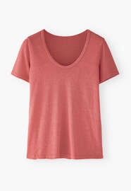 T-Shirt mit U-Ausschnitt, Korallenrot, webstill