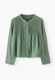 Gesmokte Bluse, Rauchiger Smaragd, webstill