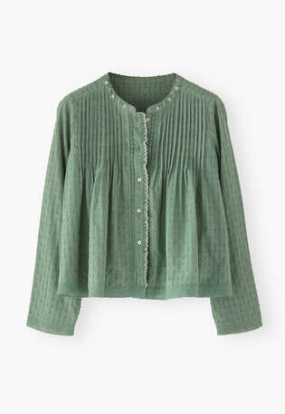 Gesmokte Bluse, Rauchiger Smaragd, webstill