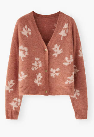 Intarsien-Cardigan mit V-Ausschnitt, Zartes Chili/Rouge, webstill