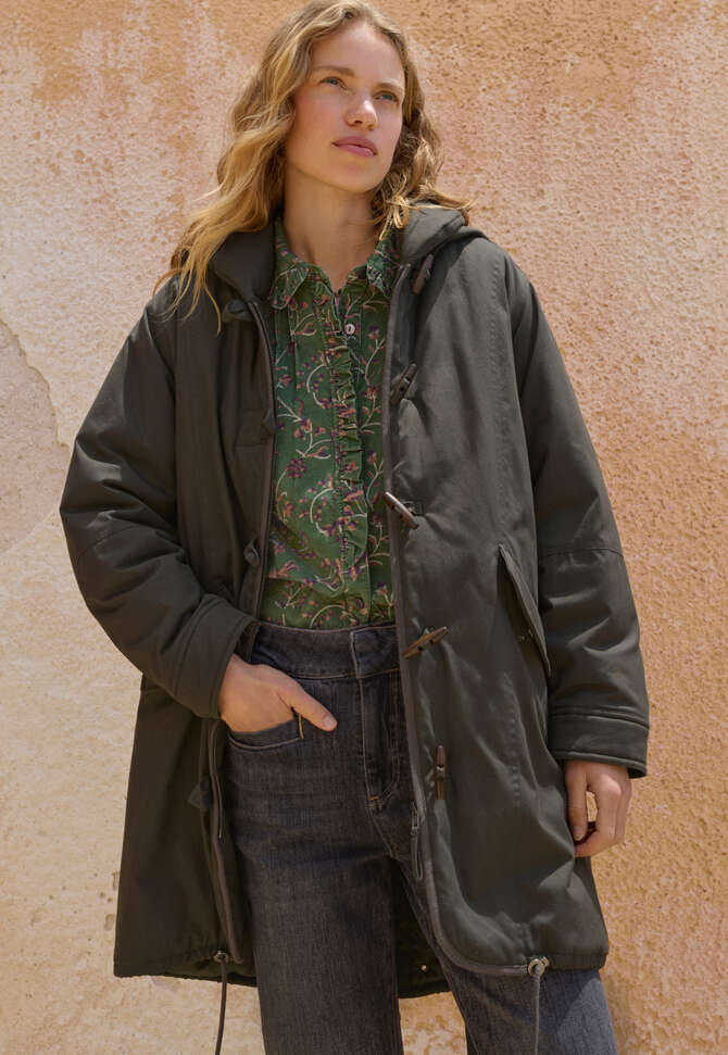 Bedruckte Faltenbluse, Moosgr&uuml;n, completeTheLook