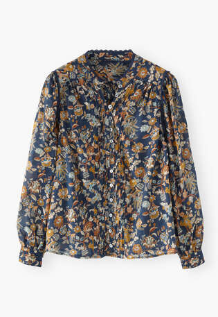Bedruckte Bluse mit Faltendetails, Indigo/Ocker, webstill