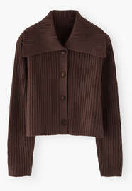 Ripp-Cardigan mit Kragen, Dunkle Schokolade, webstill