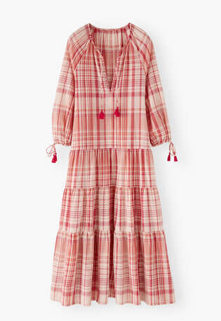 Kariertes Maxikleid, Karmesinrot/Koralle, webstill